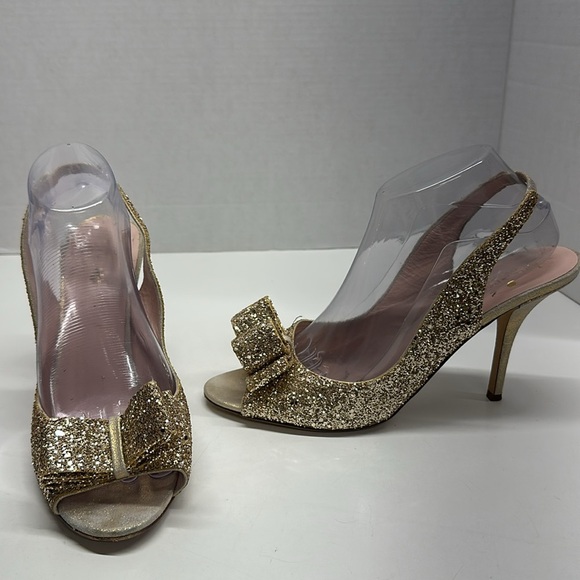 Kate Spade NY Heels Slingback Shoes Open Toe Bow Glitter Metallic Gold Size 10 - Picture 1 of 8